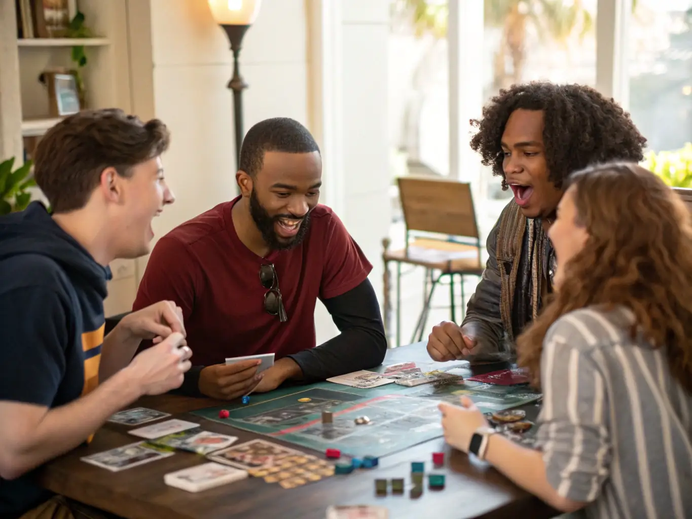 Photo of players participating in a tabletop game tournament in the physical store, highlighting the Community Engagement and Events service organized by Red Heart Video.